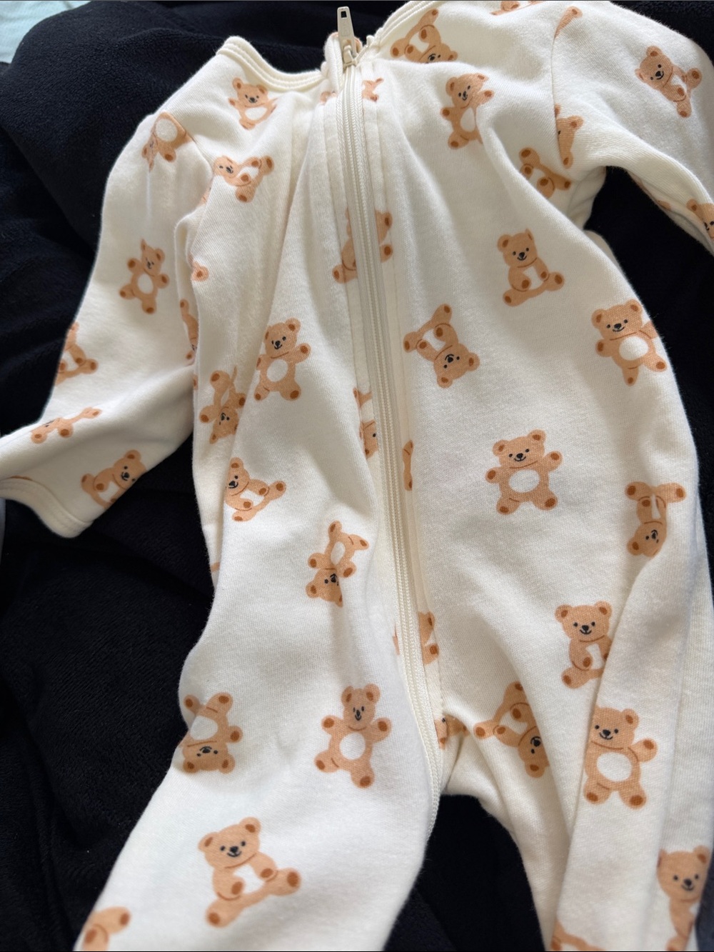 Cream Teddy Bear Print Footed One-Piece for Kids
